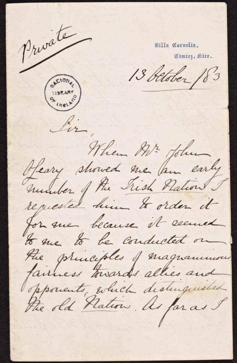 Letter from Charles Gavan Duffy to John Devoy regarding a number of his letters on John Pigot and the Young Irelander Rebellion of 1848 which were published in the 'Irish Nation' newspaper,