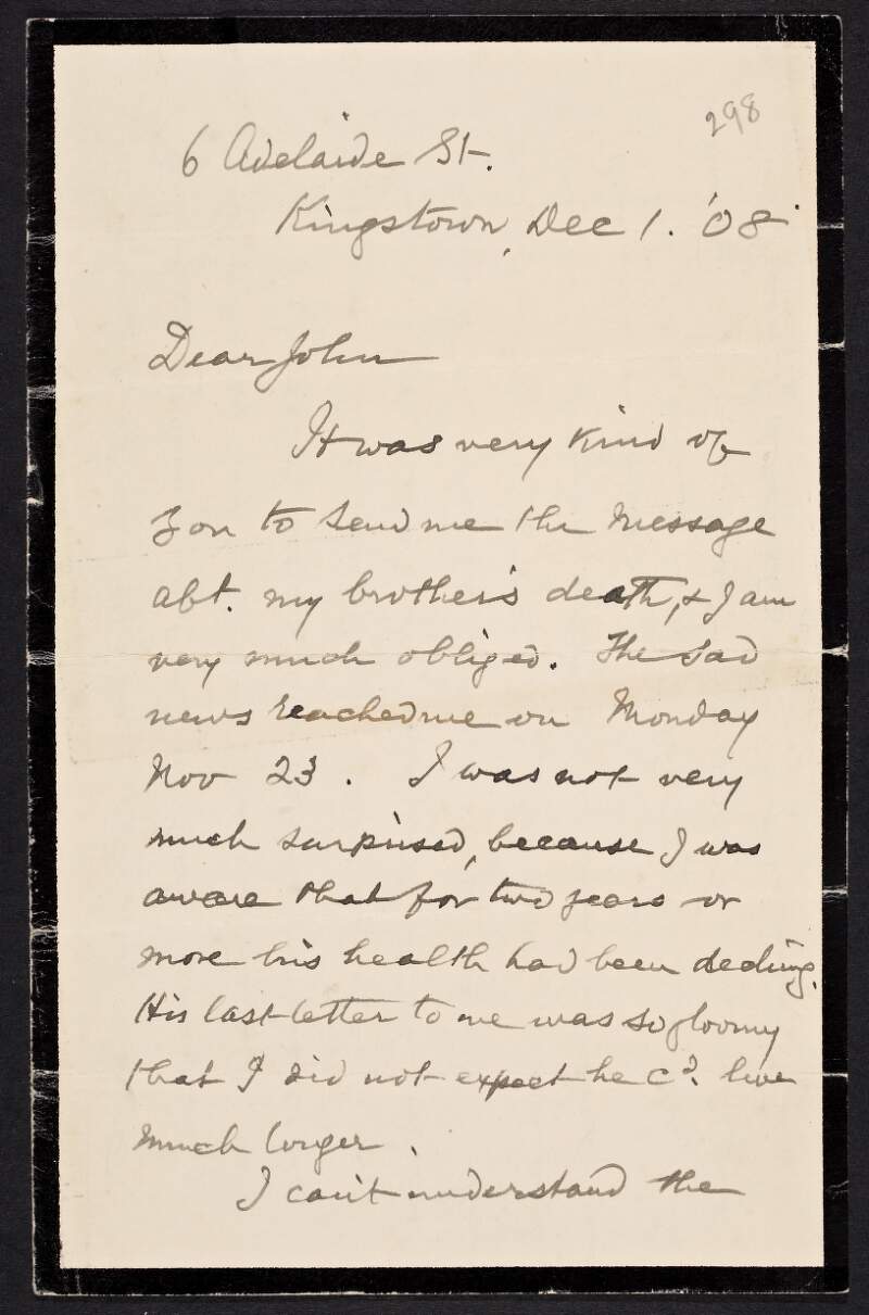 Letter from James O'Connor to John Devoy regarding Devoy's message about the death of his brother John O'Connor,