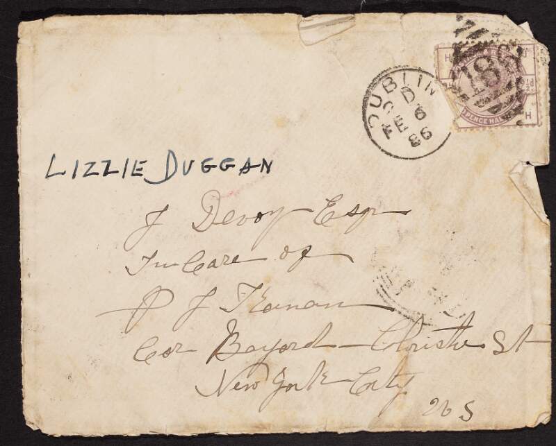 Letter from Lizzie Duggan to John Devoy regarding the Duggan Family fund and "Mr. Brophy",
