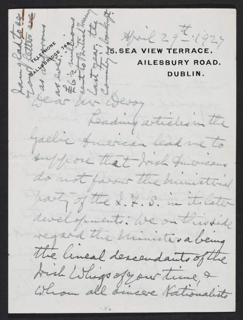 Letter from Maurice Moore to John Devoy looking for financial support for Clann Éireann, the political party he was a member of at the time,