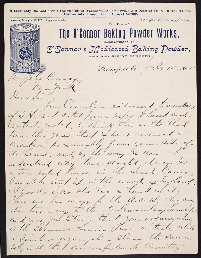 Letter from D.J. O'Connor to John Conway regarding disunity in the Ancient Order of Hibernians,