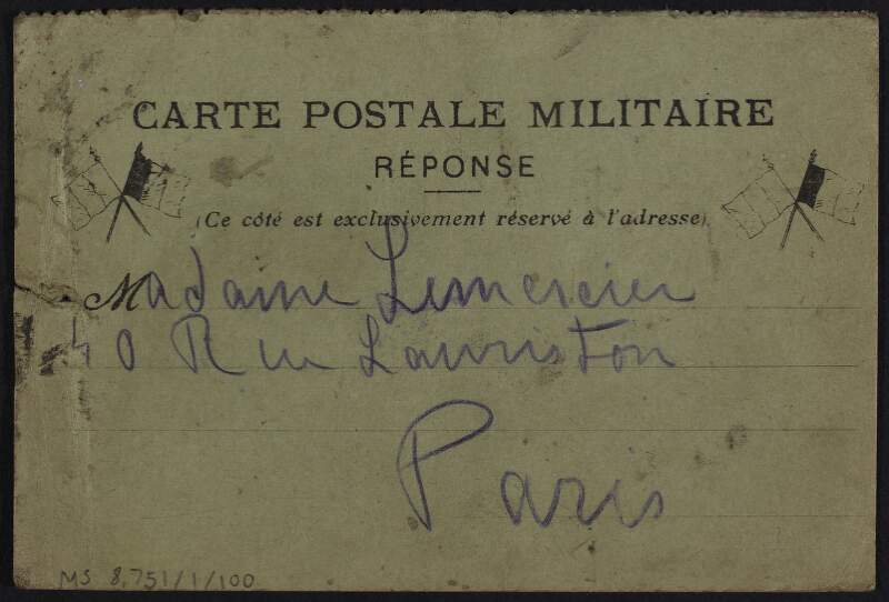 Postcard from Eugène Lemercier to his mother, Marguerite Lemercier, relating an alert the previous night,