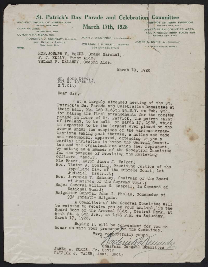 Letter from Roderick Kennedy to John Devoy inviting him to act as as member of the Reception Committee for the upcoming St Patrick's Day Parade,