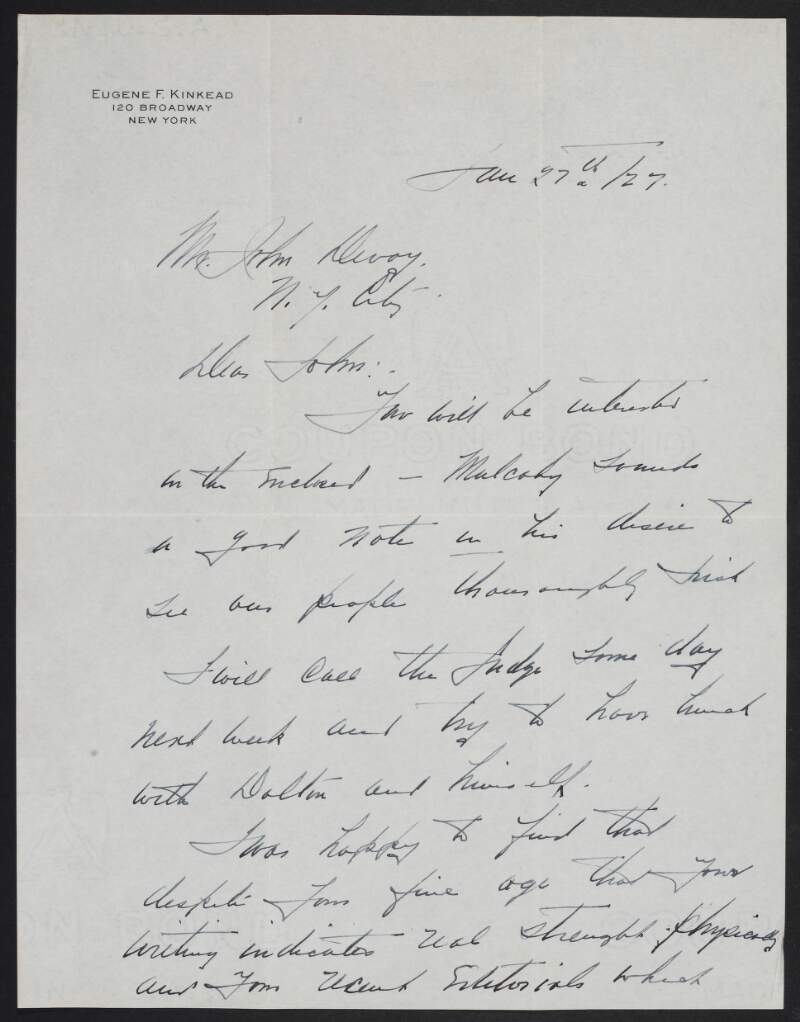 Letter from Eugene Kinkead to John Devoy talking about Richard Mulcahy,