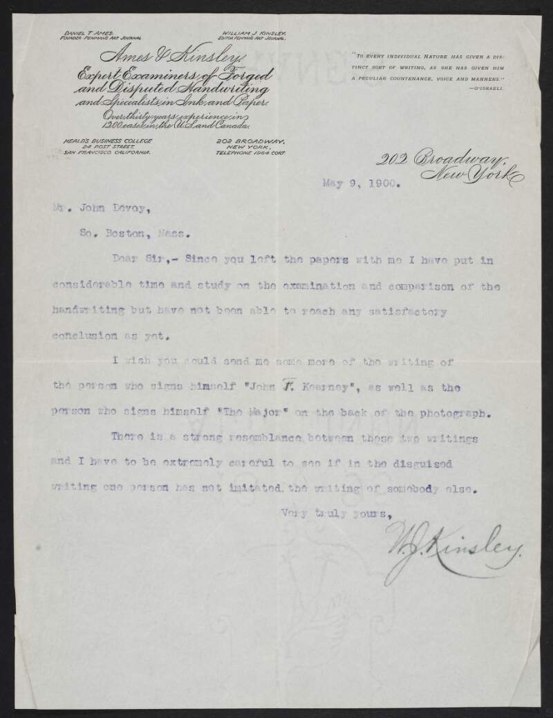 Letter from W. J. Kinsley to John Devoy about handwriting analysis or graphology,