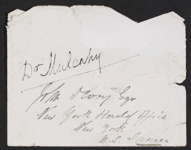 Letter from Dr. Denis Dowling Mulcahy to John Devoy in which Mulcahy demands to be paid back money that he believes is owed to him by the Trustees of the Skirmishing Fund,