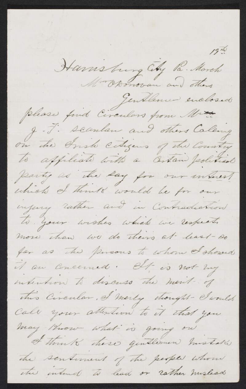 Letter from Mick Mulcahy to "Mr. O'Donovan and others" in which he expresses his anger that "Irish citizens" in the United States were being asked to "affiliate to a certain political party",