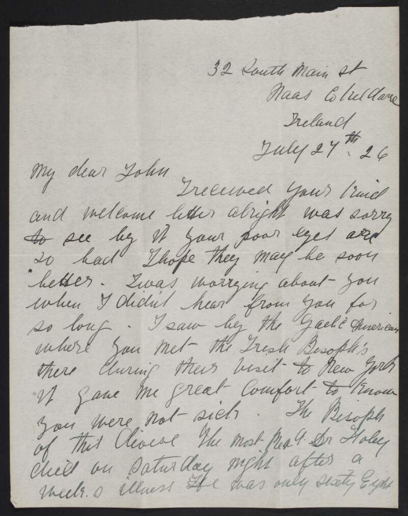 Letter from E. Kilmurry to John Devoy worrying about him as he hadn't been heard from for so long,