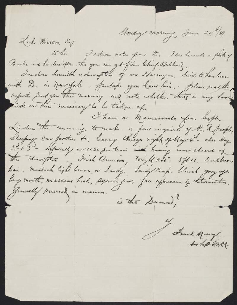 Letter from Frank Murray to Luke Dillon with a physical description of an individual called Harringan,