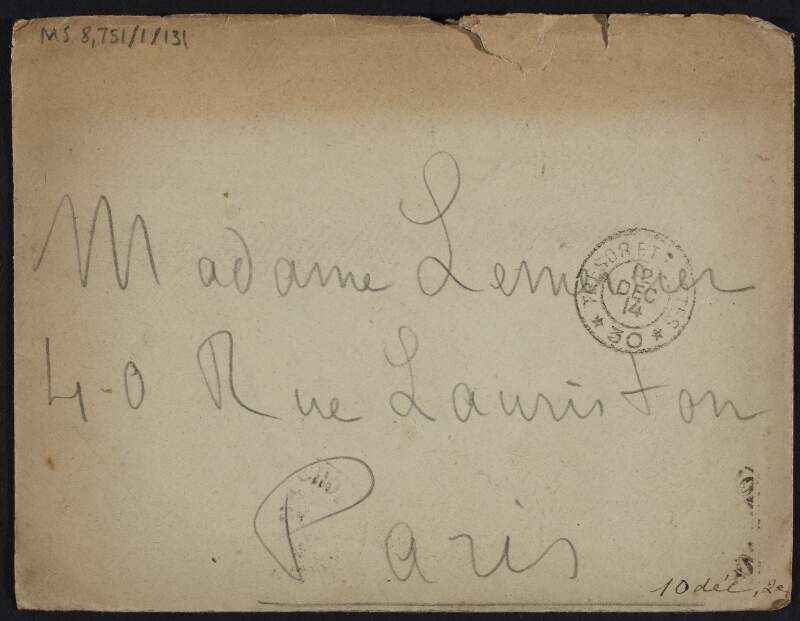 Letter from Eugène Lemercier to his mother, Marguerite Lemercier, mentioning the melancholy at sunset,