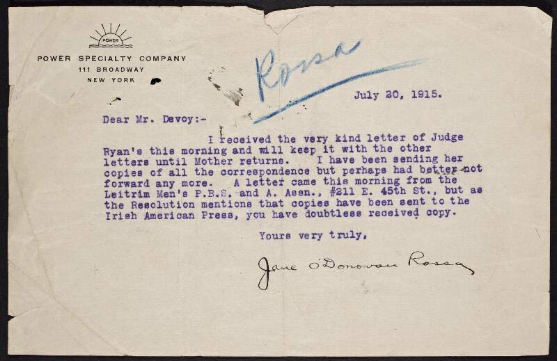 Letter from Jane O'Donovan-Rossa to John Devoy regarding letters from "Judge Ryan" and the Leitrim Men's P.B.S. and A. Association for her mother, Mary Jane O'Donovan-Rossa,