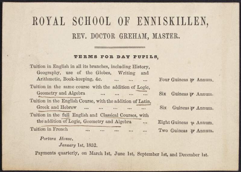 Royal School of Enniskillen, Rev. Doctor Greham, Master : terms for day pupils /