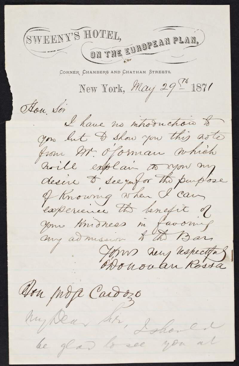 Letter from Jeremiah O'Donovan-Rossa to Judge Albert Cardozo requesting a meeting to discuss the possibility of admission to the Bar and enclosing a note from "Mr. O'Gorman",