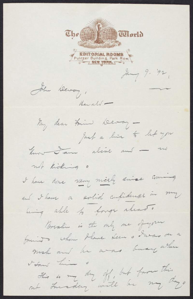 Letter from Edward M. Lahiff to John Devoy letting him know he is alive and well,