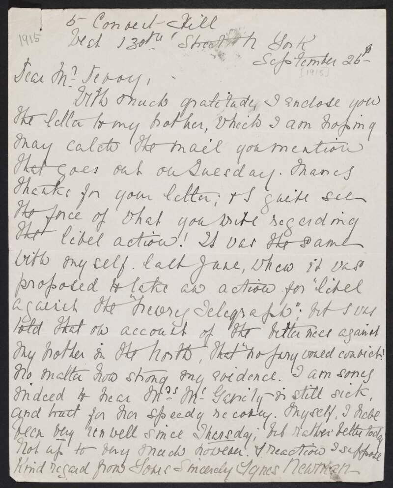 Letter from Agnes Newman (sister of Sir Roger Casement) to John Devoy in which she mentions that she considered last June taking libel action against the 'Newry Telegraph',