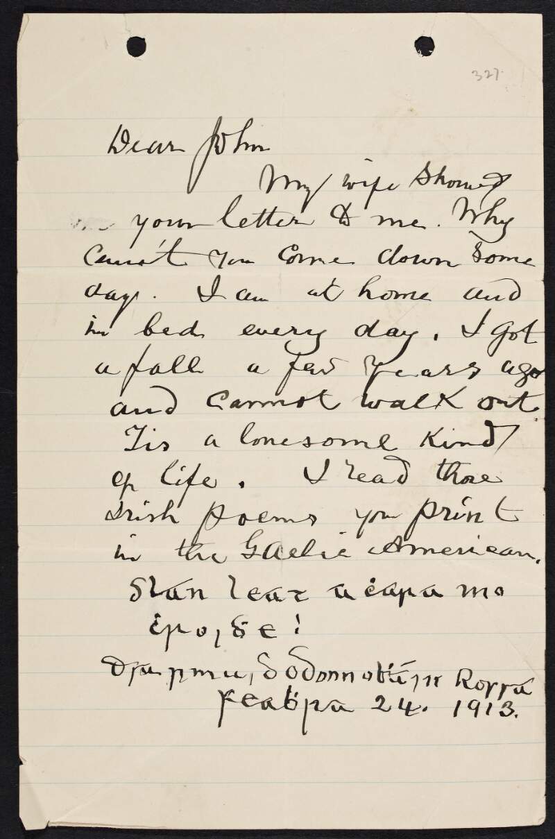 Letter from Jeremiah O'Donovan Rossa to John Devoy inviting him to visit,