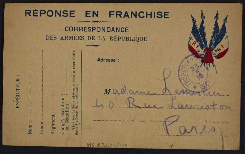 Postcard from Eugène Lemercier to his mother, Marguerite Lemercier, informing her that he finds peace in her letters,