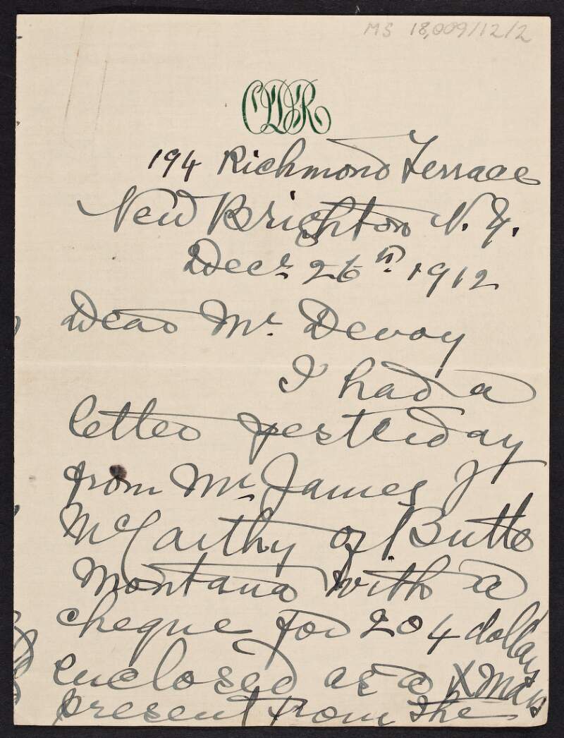 Letter from Mary Jane O'Donovan-Rossa to John Devoy asking him to print a list of subscribers to the Rossa Testimonial Fund sent by James McCarthy of Butte, Montana, in the 'Gaelic American' newspaper,