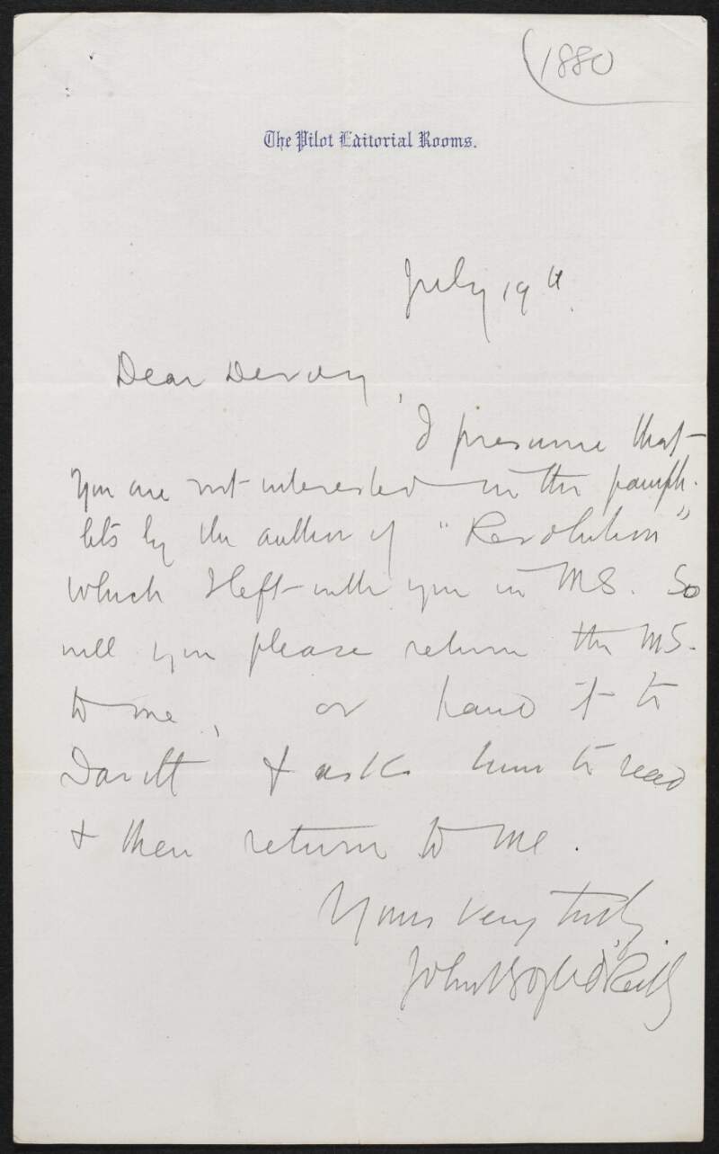 Letter from John Boyle O'Reilly, Boston, to John Devoy regarding pamphlets "by the autor of "Revolution"",