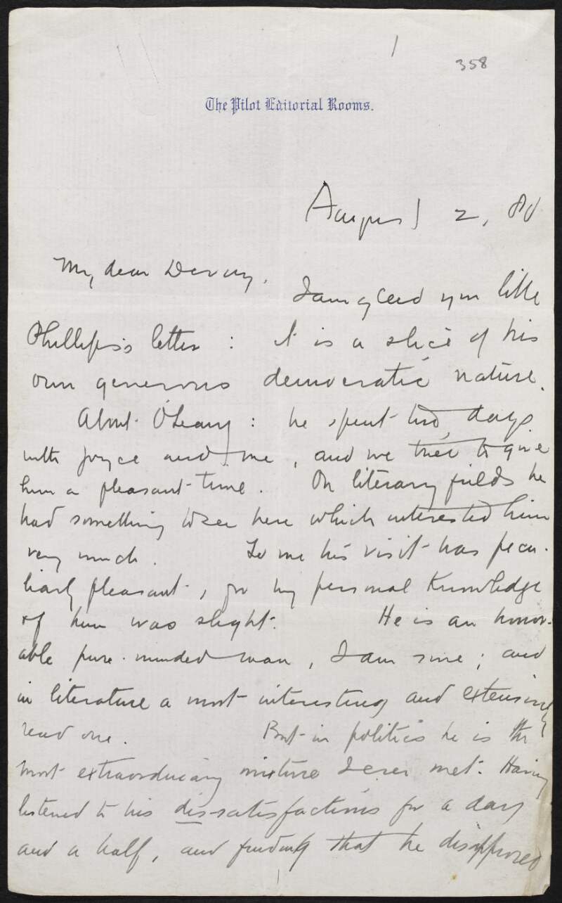 Letter from John Boyle O'Reilly, Boston, to John Devoy critcising John O'Leary,
