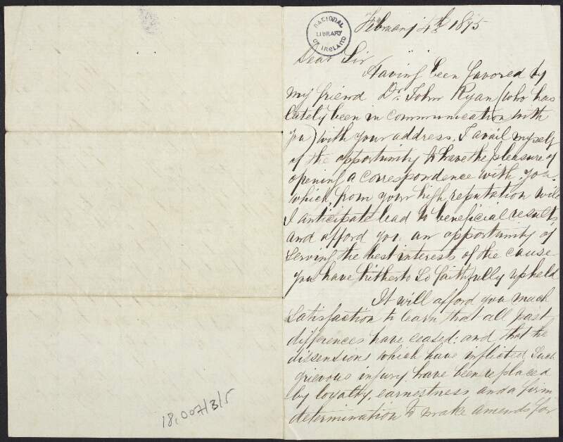Letter from John Leary to John Devoy saying that he is glad to be corresponding with him and that past differences have ended,