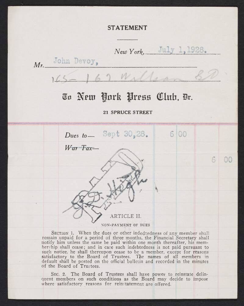Receipt from the New York Press Club to John Devoy for membership dues,