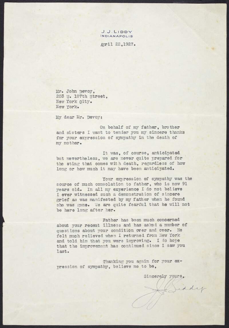 Letter from J. J. Liddy to John Devoy thanking him for his sympathy on the death of his mother,