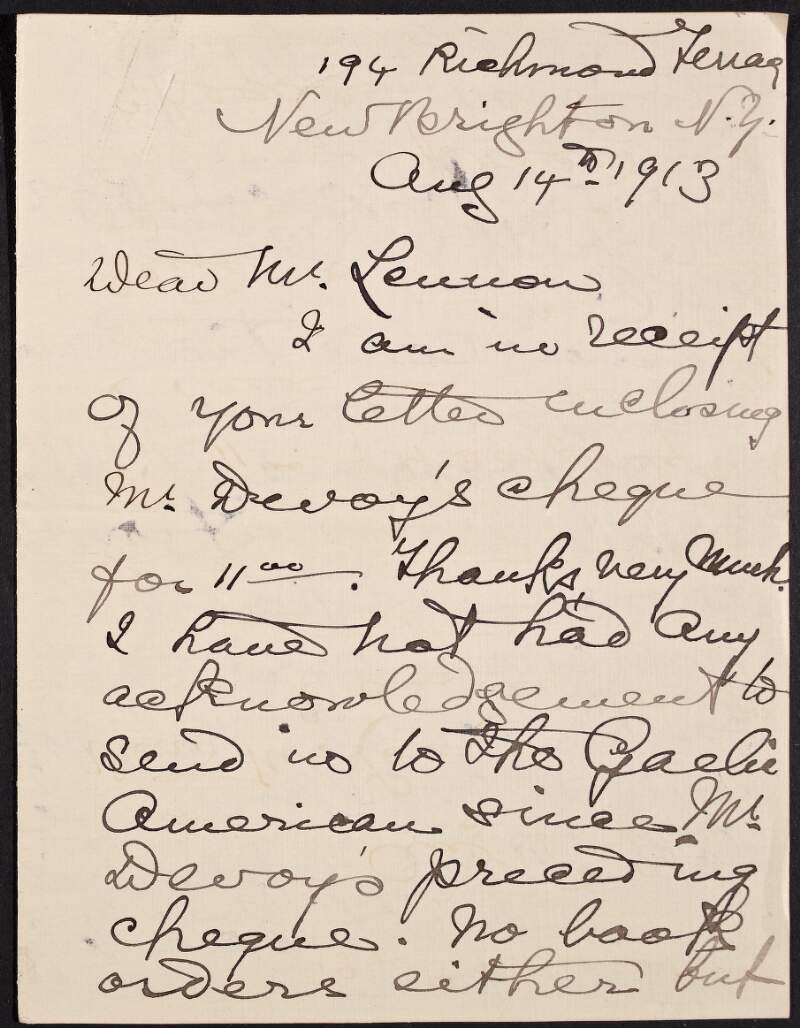 Letter from Mary Jane O'Donovan-Rossa to "Mr. Lennon" acknowledging receipt of a letter enclosing a cheque from John Devoy and giving an account of Jeremiah O'Donovan Rossa's condition,