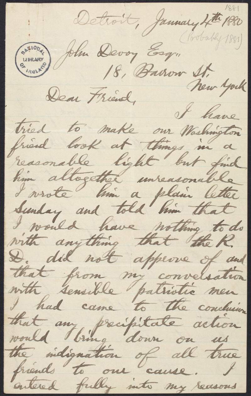 Letter from William Francis MacKey Lomasney to John Devoy in which he finds Condon unreasonable despite attempting to get along with him,