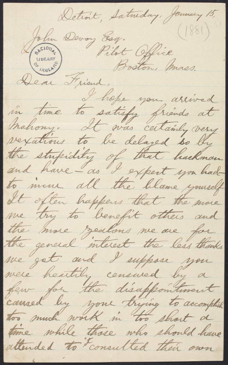Letter from William Francis MacKey Lomasney to John Devoy regarding the purchase of arms,