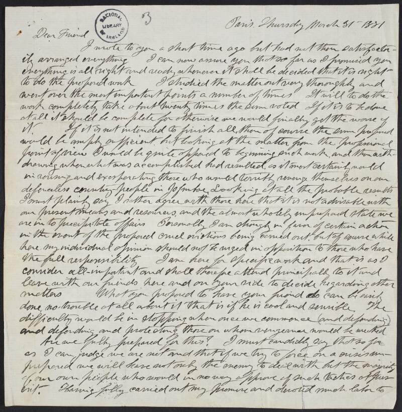 Letter from  William Francis MacKey Lomasney to John Devoy discussing the effects and limits of terrorism against England,