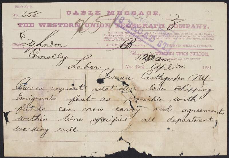 Telegram from William Francis MacKey Lomasney to John Devoy saying he can carry out agreed task within timeframe,