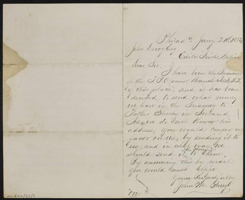 Letter from John M. Parry to John Devoy asking for the address of Father Eugene Sheehy, as the T.P. O'Connor Branch wish to send him money,