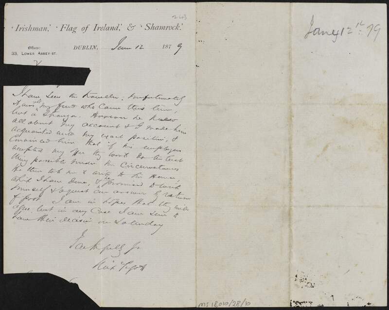 Copies of a letter from Richard Pigott to Patrick Egan, and Egan's response, showing Pigott's attempts to blackmail the Land League,
