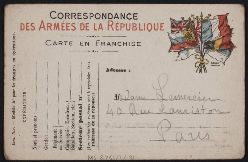 Postcard from Eugène Lemercier to his mother, Marguerite Lemercier, rationalising war,