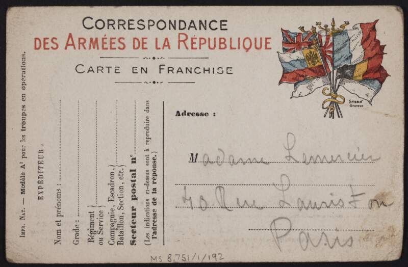 Postcard from Eugène Lemercier to his mother, Marguerite Lemercier, sending love,