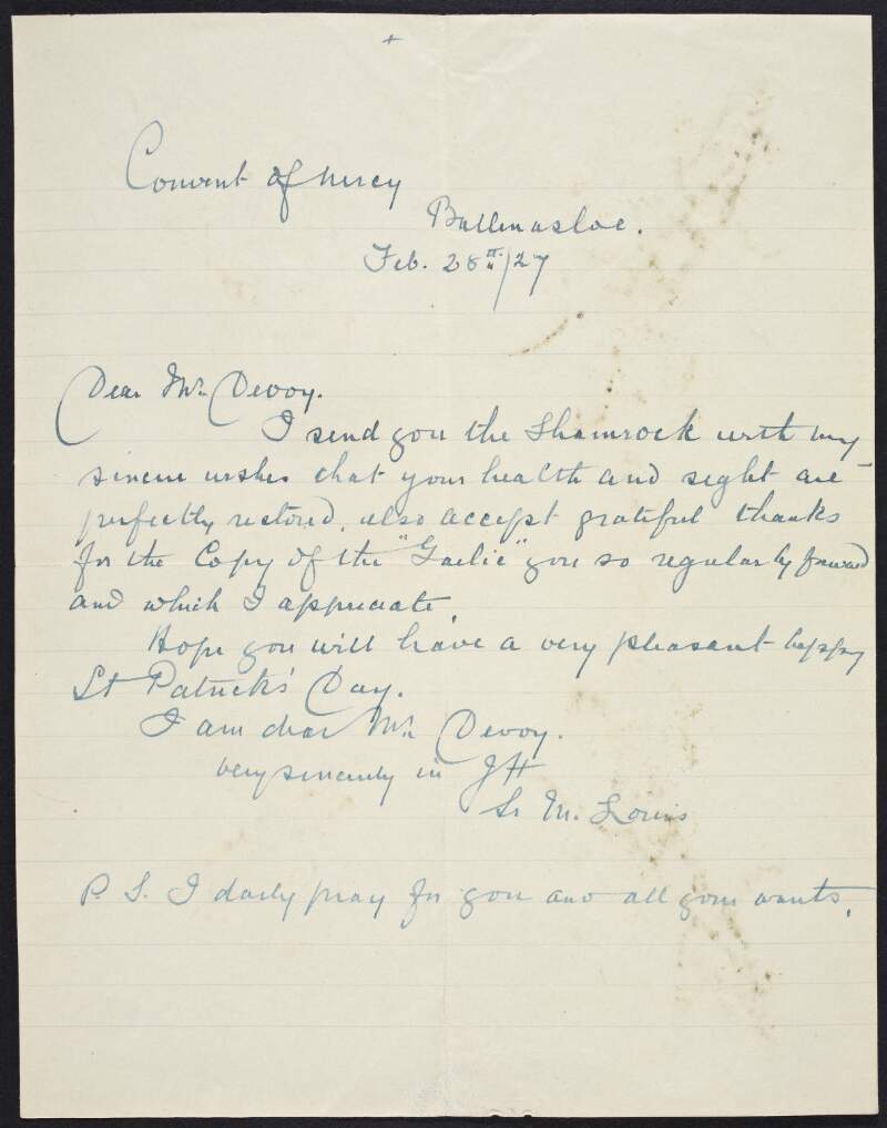 Letter from Sr. M.Louis to John Devoy sening him a shamrock and hoping his sight and health are good,