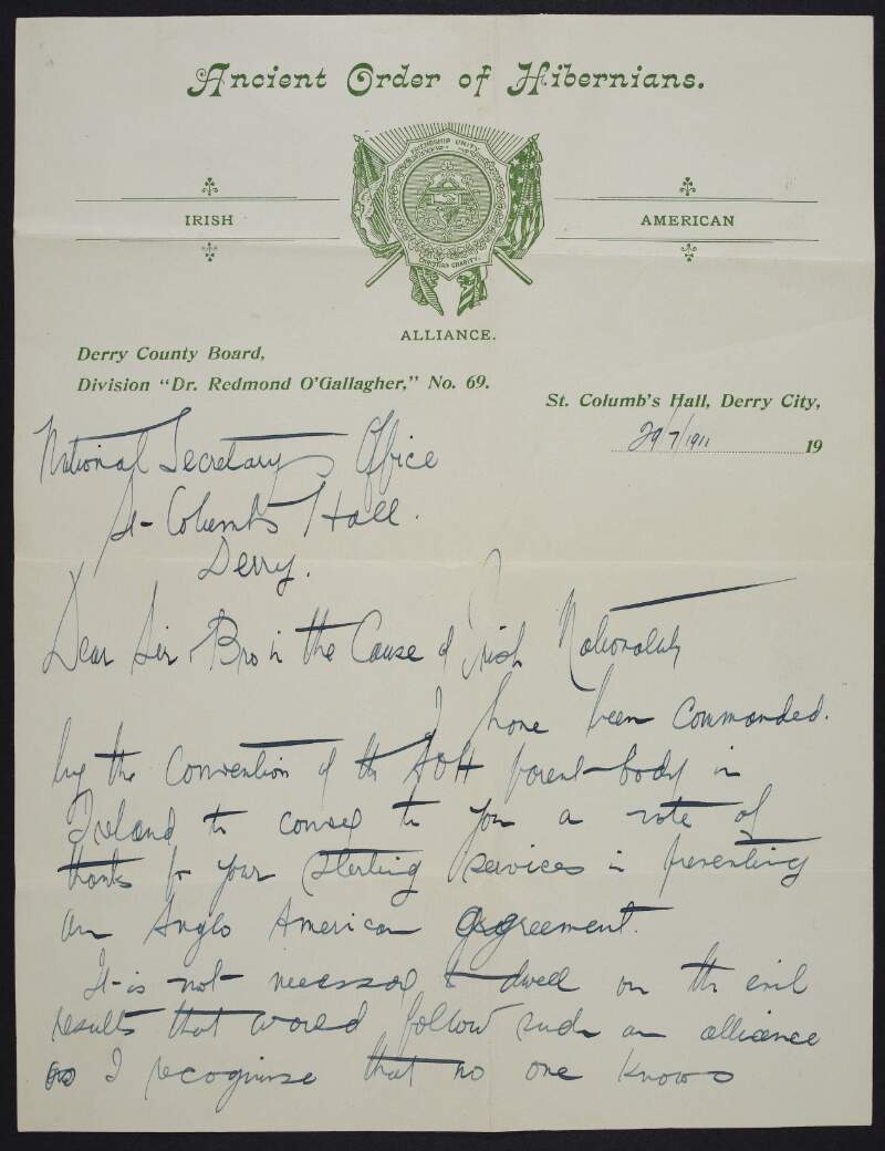Letter from Thomas O'Flynn (National Secretary, Ancient Order of Hibernians Derry) to John Devoy thanking him on behalf of the organisation for all his "sterling services" to the national cause,