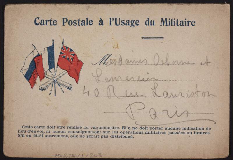 Postcard from Eugène Lemercier to his mother, Marguerite Lemercier, and his grandmother, Harriet Osborne, informing them that he has lost his bag during the battle,