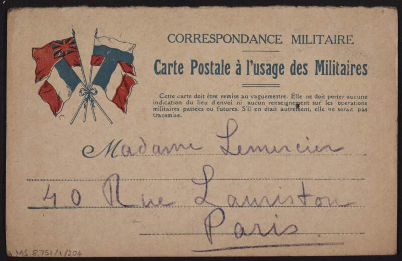 Postcard from Eugène Lemercier to his mother, Marguerite Lemercier, informing her that he will go back to the front the following day,
