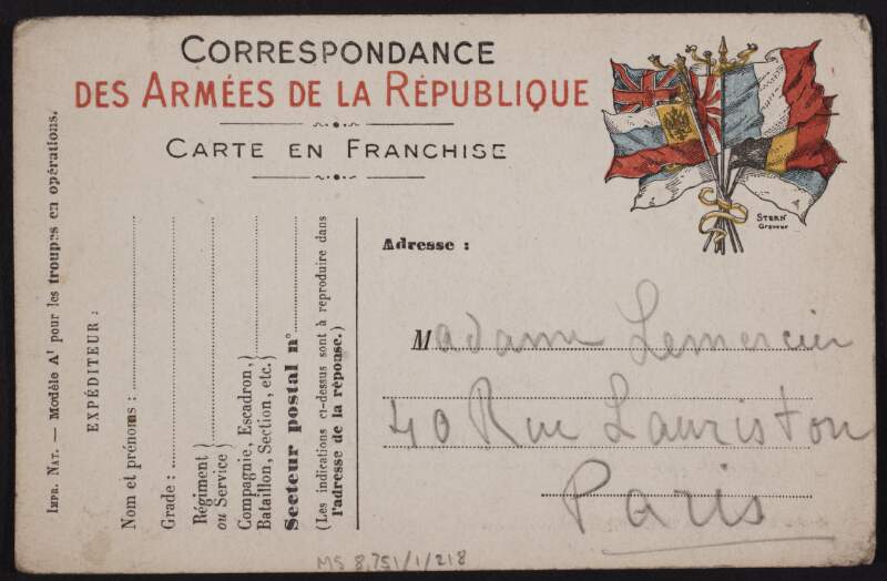 Postcard from Eugène Lemercier to his mother, Marguerite Lemercier, giving his new address,