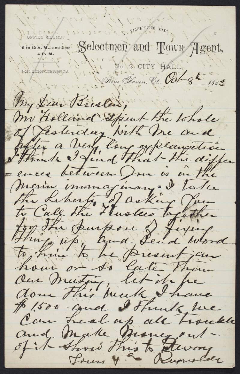 Letter from James Reynolds to John Devoy regarding Reynold's recent long meeting with "Mr. Holland",