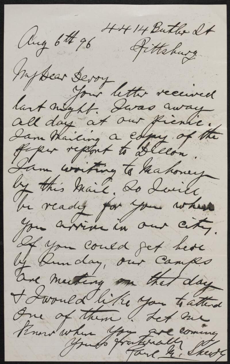 Letter from Paul M. Sheedy to John Devoy arranging Devoy's visit to Pittsburgh,