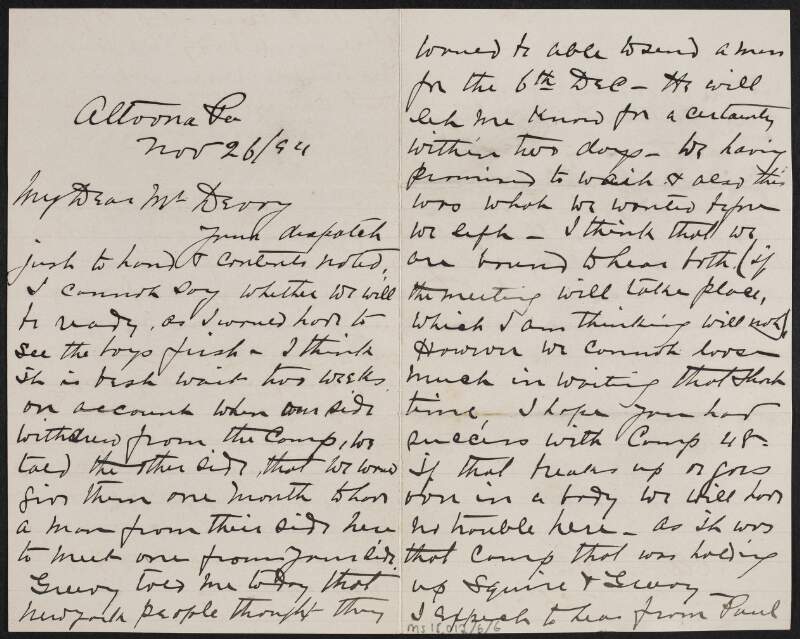 Letter from J.M. Sheedy, Altoona, to John Devoy regarding a split in the local camp,