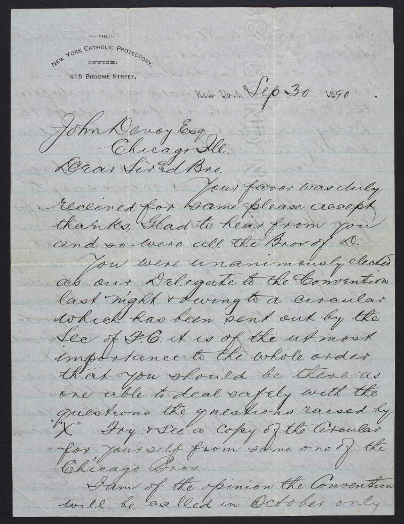Letter from Timothy Riordan to John Devoy with news that Devoy has been "unanimously elected" as delegate for the upcoming convention,