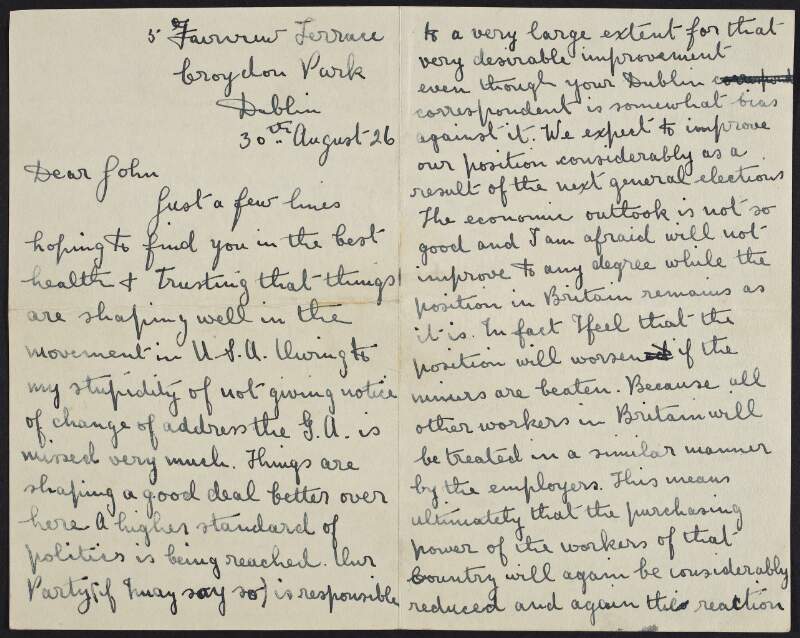 Letter from Frank Robbins to John Devoy with his opinions on Ireland's financial situation and James Larkin,