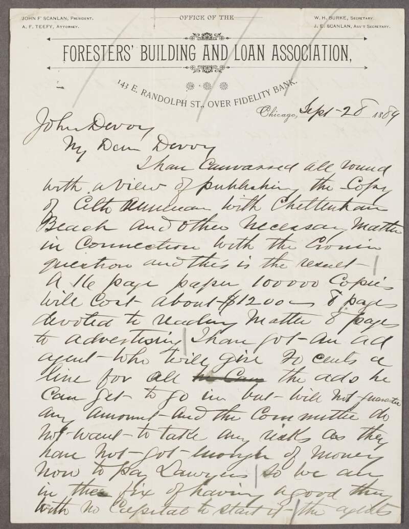 Letter from John F. Scanlan, Chicago, to John Devoy regarding the murder of Dr. Patrick Henry Cronin and fundraising efforts,