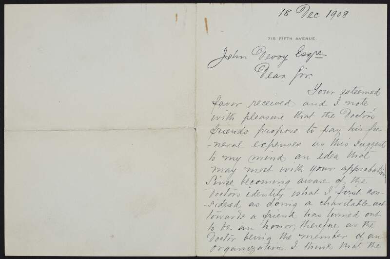 Letter from William Moore Robinson to John Devoy regarding a Dr. O'Connor,