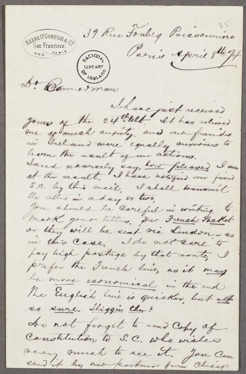 Letter from M.W. Stackpool, Paris, to T.R. Bannerman regarding conveying information to the Supreme Council of the Irish Republican Brotherhood, and asking him to ensure that his letters are not sent via England,