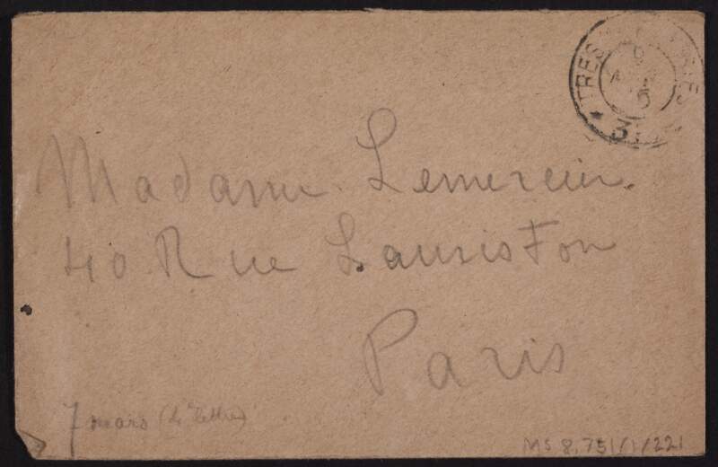 Letter from Eugène Lemercier to his mother, Marguerite Lemercier, concerning the cantonment,